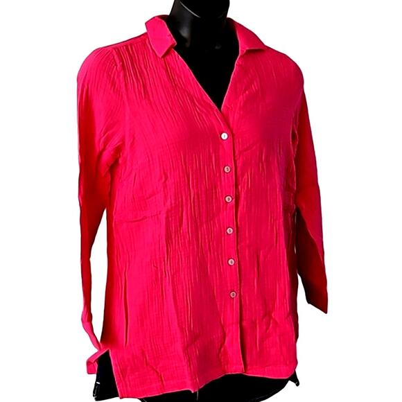 Belle Beach by Kim Gravel Gauze Button Front Tunic - Ultra Pink - Size XS0 - Picture 5 of 7